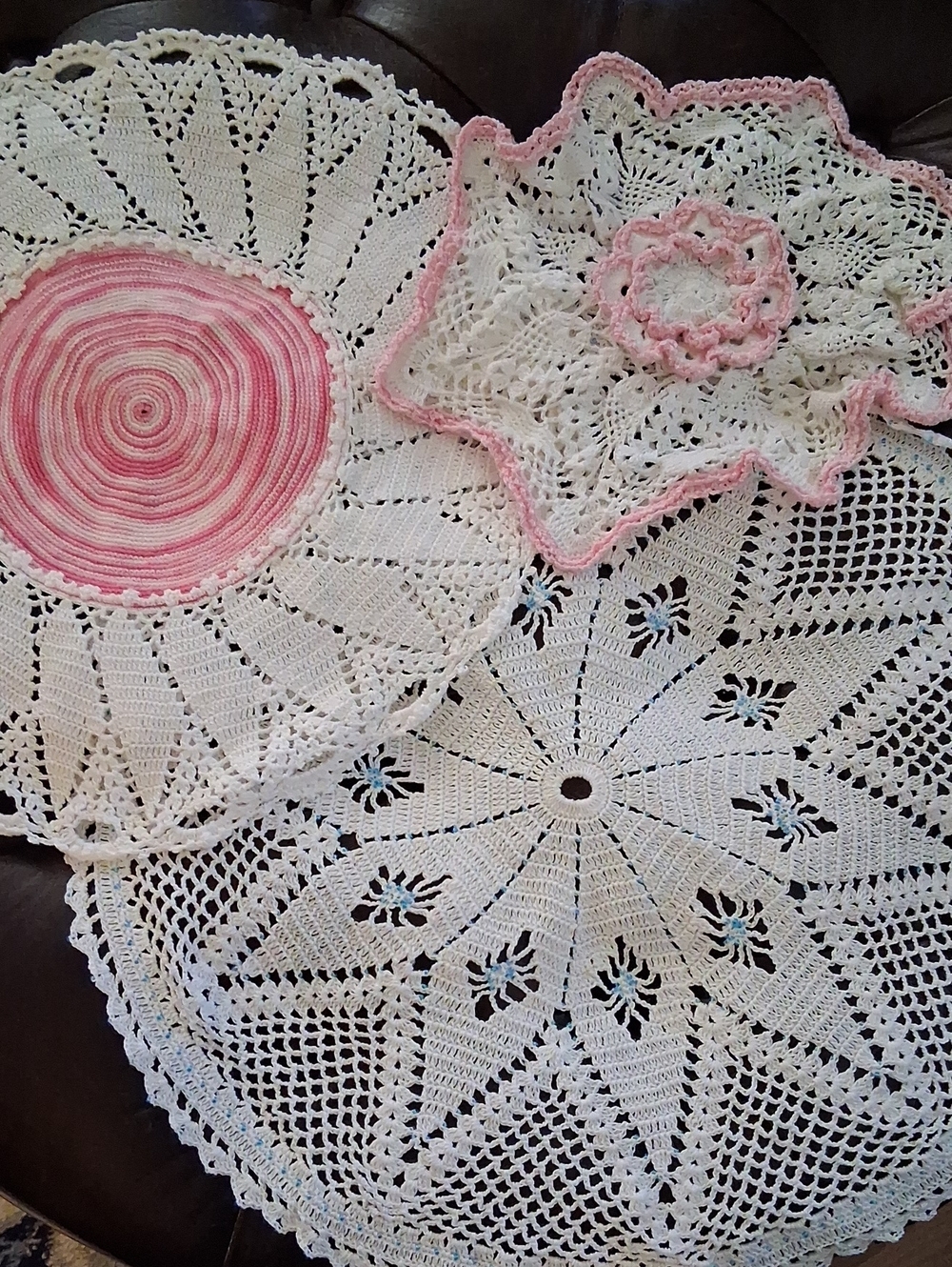 Three Pink White Crochet Doilies